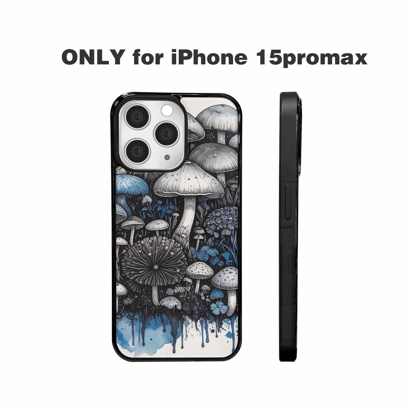iPhone 15 Pro Max Case — Mushrooms General Black Blue Ink Mushrooms, Custom Designed Case Cover
