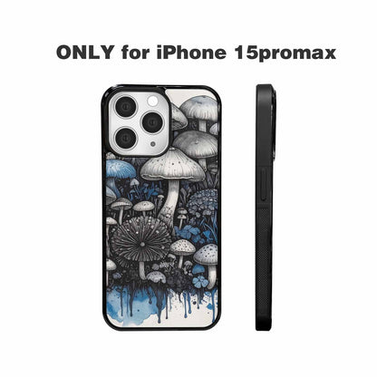 iPhone 15 Pro Max Case — Mushrooms General Black Blue Ink Mushrooms, Custom Designed Case Cover