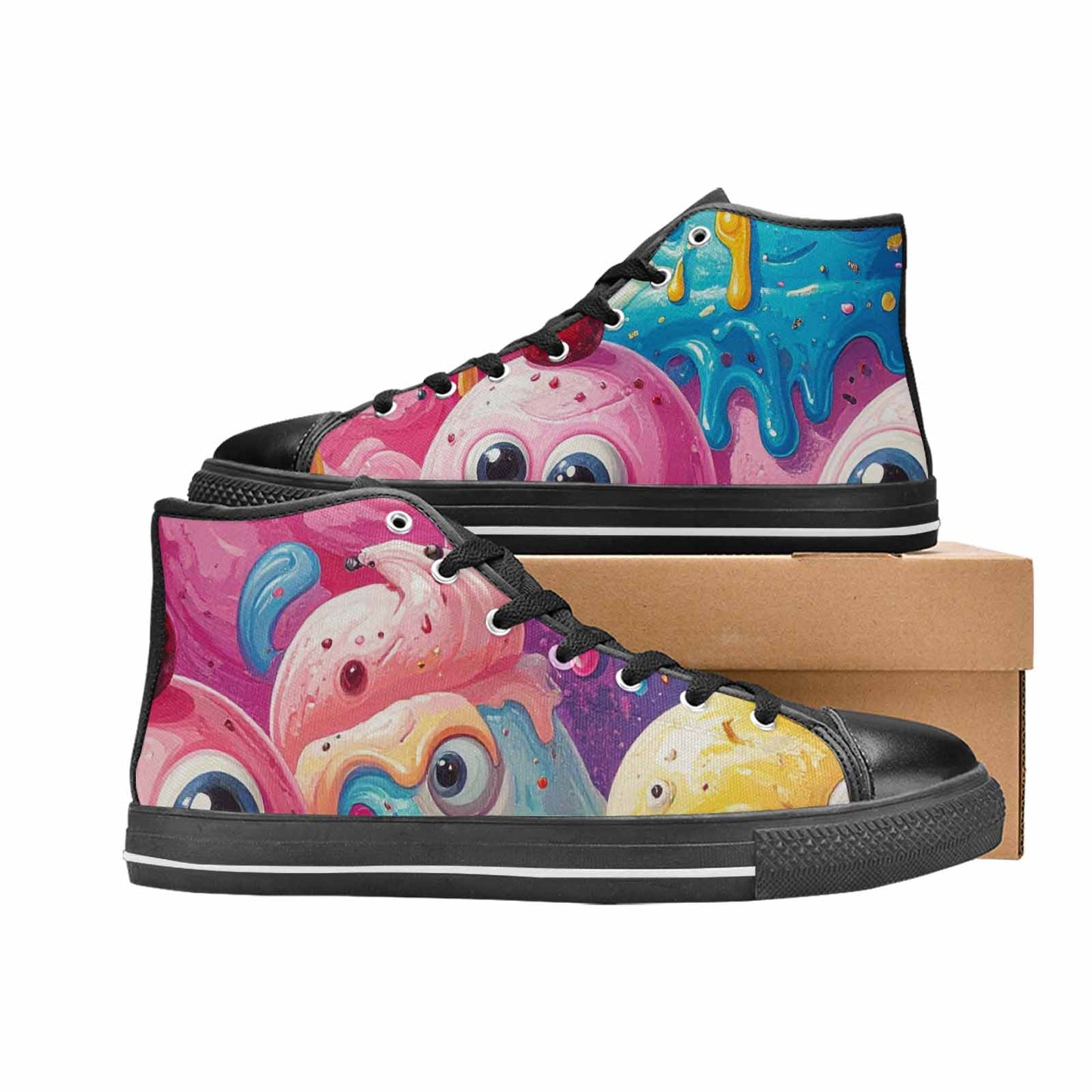 WOMEN'S Melting Icecream Monster Cherry High Top Canvas Vibrant Chaos Custom Shoes