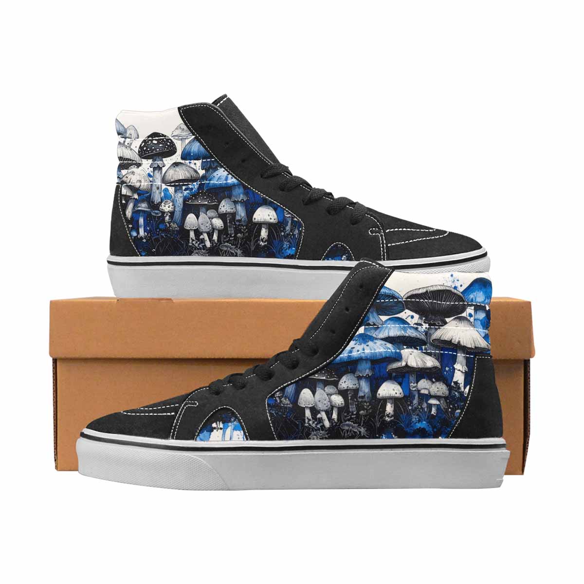 WOMEN'S Mushrooms Black & Blue Ink High Top Canvas Unique Print Vivid All Over Print Shoes