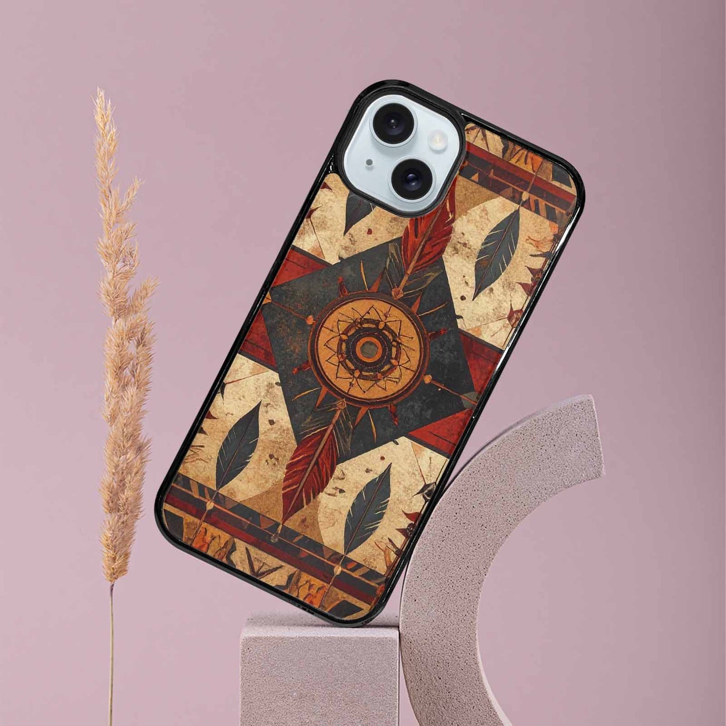 iPhone 15 Plus Case — Native American Geometric Pattern Arrows Feathers, Unique Phone Case Design