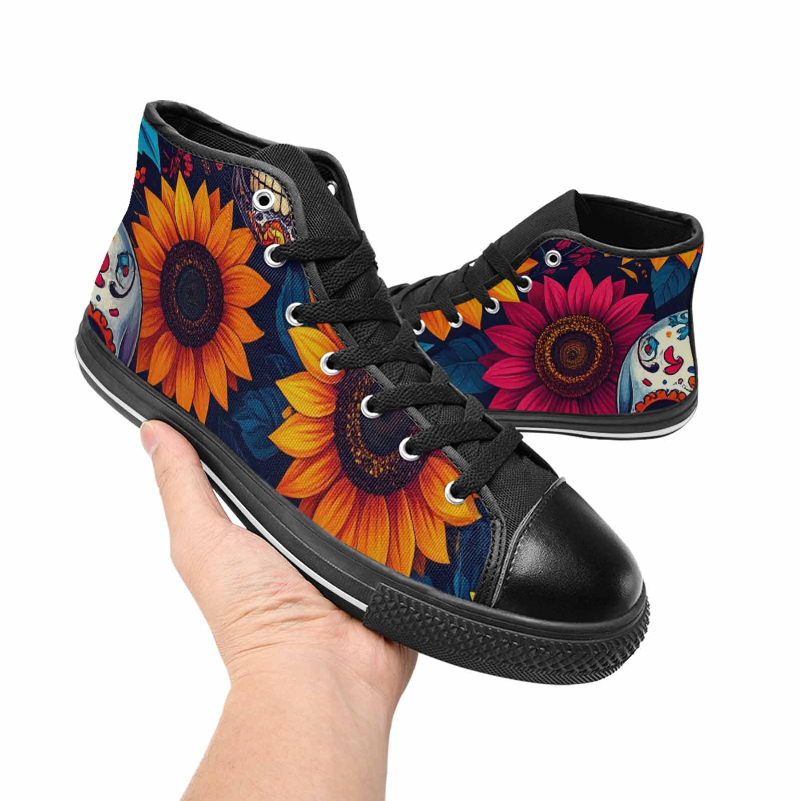MEN'S Sunflower Skulls Print High Top Canvas Wallpaper Art Sneakers