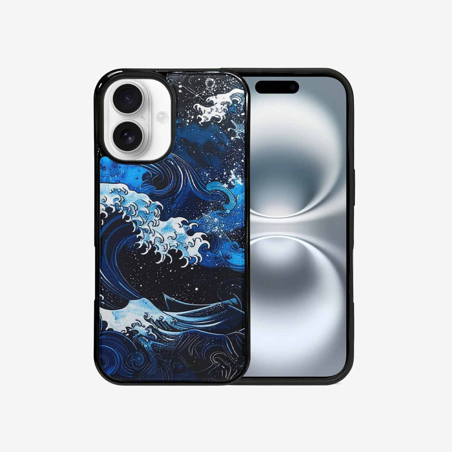 iPhone 16 Case — Nautical Wave Black Blue Ink Wave, Personalized Phone Case