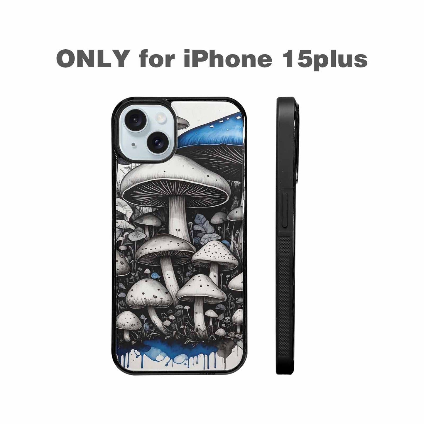 iPhone 15 Plus Case — Mushrooms General Black Blue Ink Mushrooms, Custom Art Phone Cover