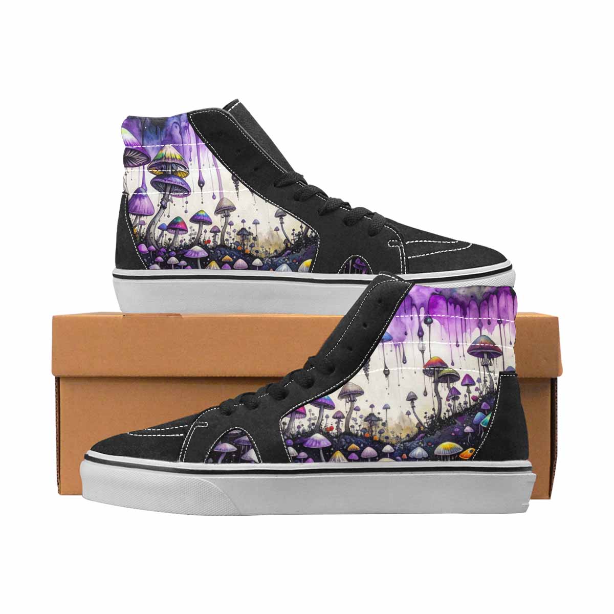 WOMEN'S Mushrooms Black & Purple Ink High Top Canvas Artist-designed Melting Art Sneakers
