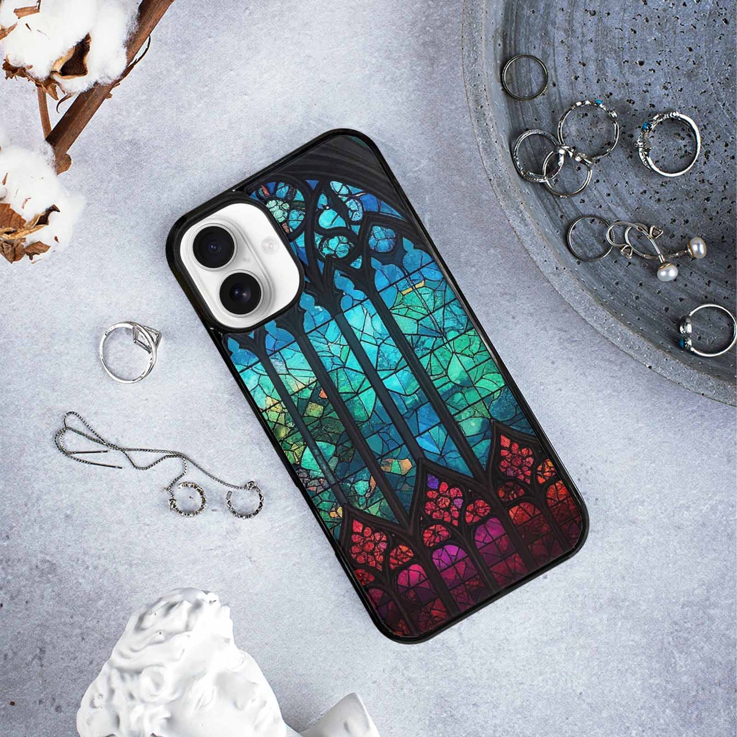 iPhone 16 Plus Case — Stained Glass Window Pattern Seamless Repeat, Custom Designed Case Cover