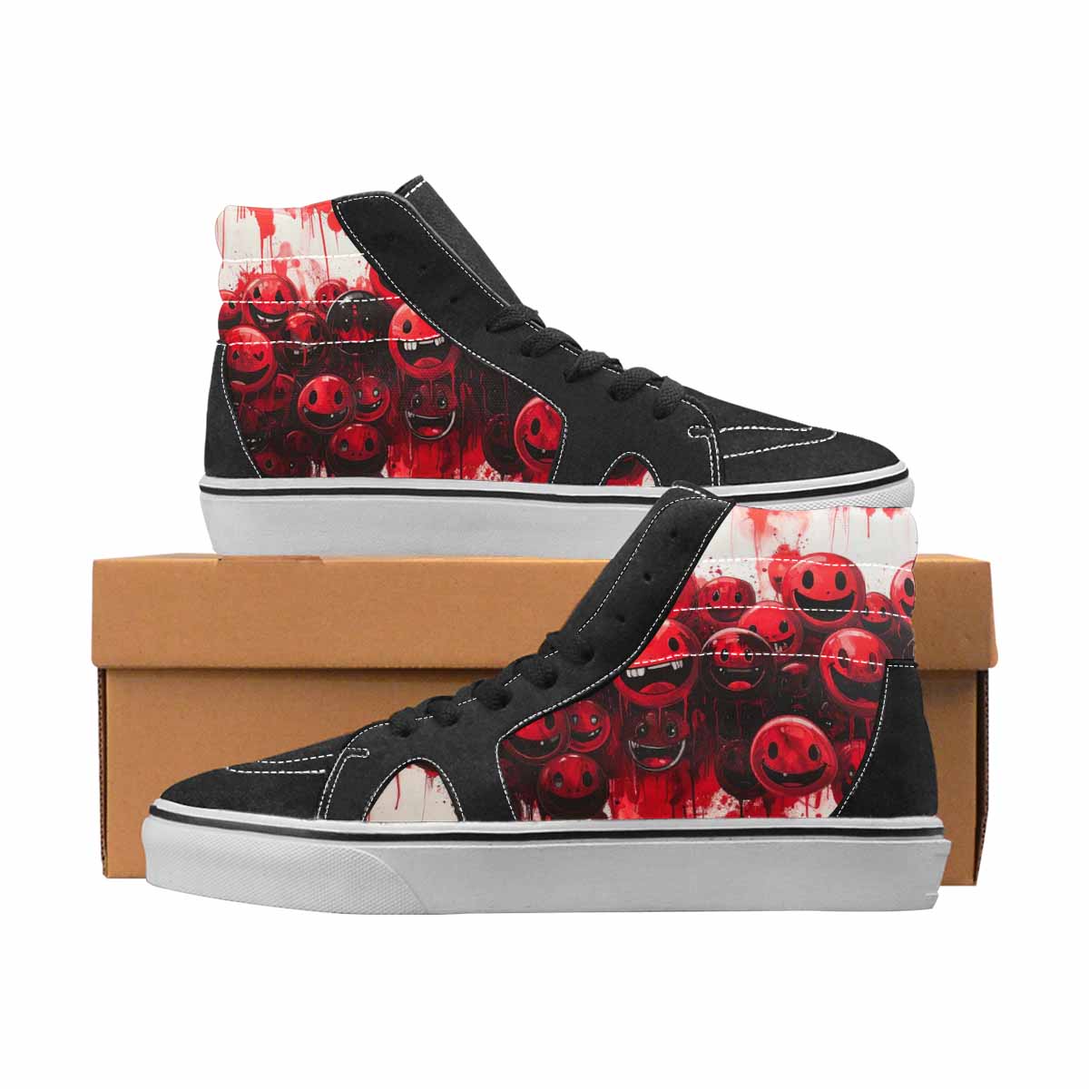 WOMEN'S Smiley Face Black & Red Ink High Top Canvas Graphic Print Cottagecore Handmade Custom Shoes