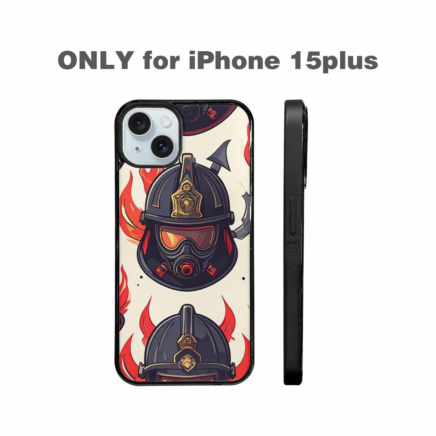 iPhone 15 Plus Case — Firefighter Pattern Flames Axes Helmets Seamless, Custom Made Phone Cover
