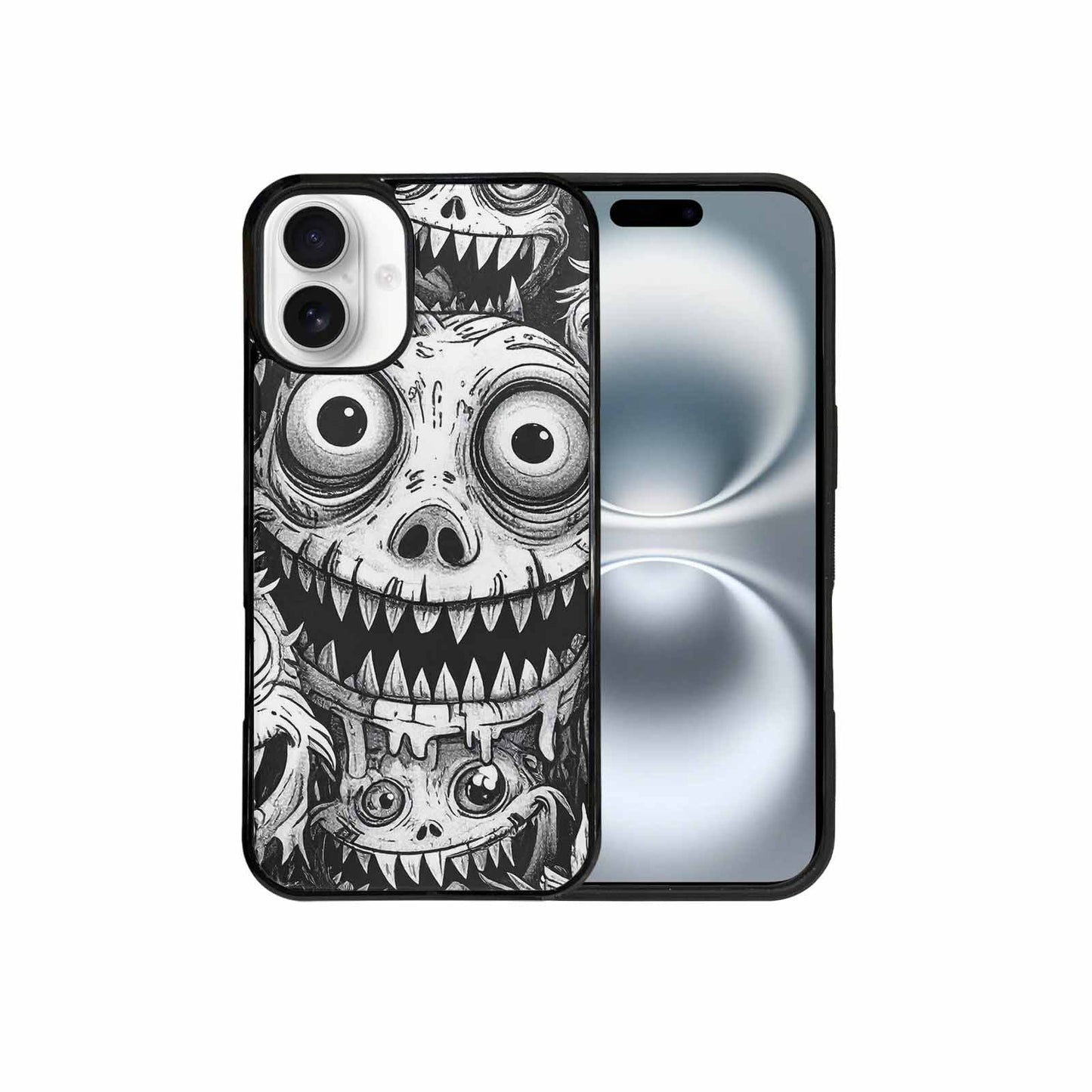 iPhone 16 Plus Case — Black And White Monster Face Collage, Custom Made Phone Cover