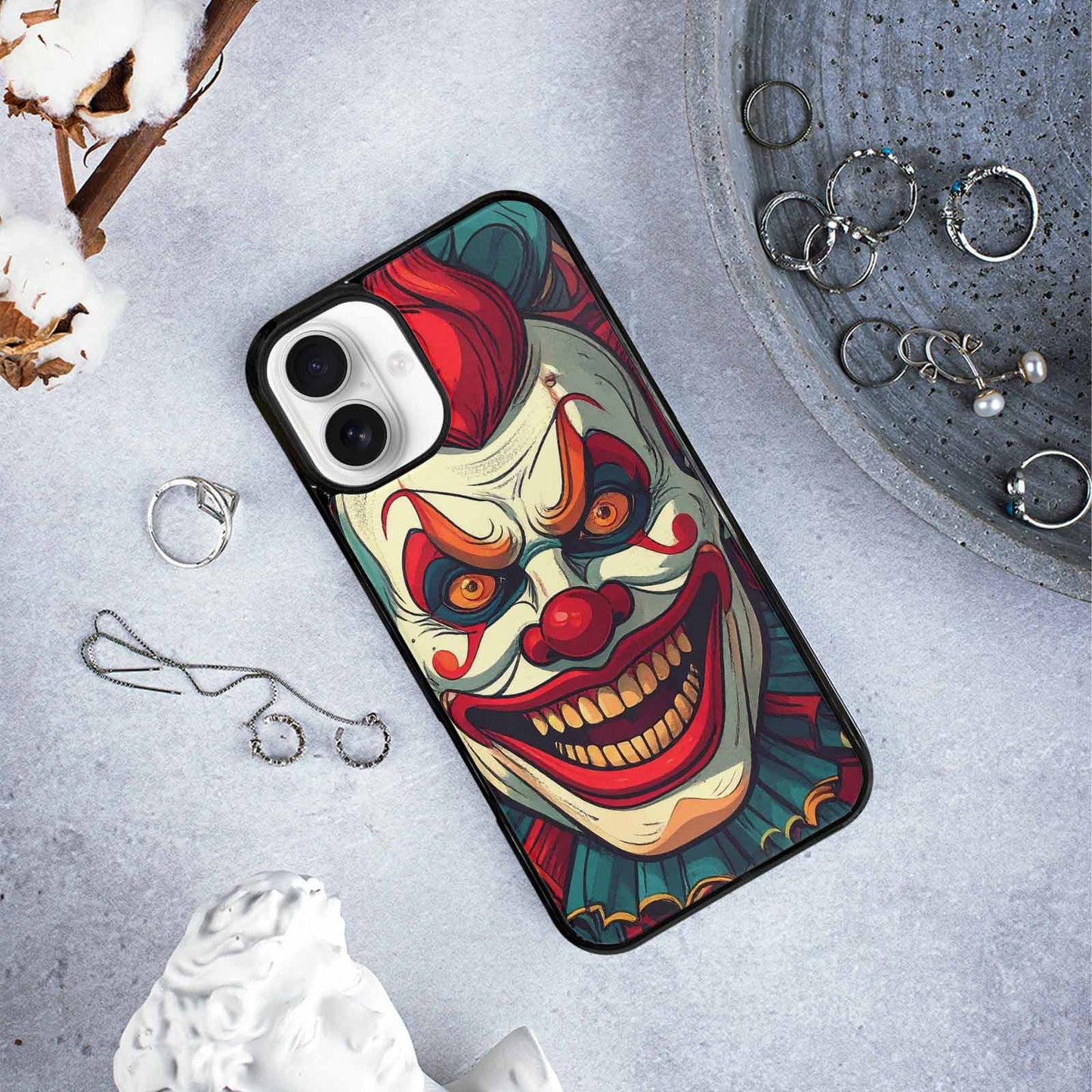 iPhone 16 Plus Case — Evil Circus Heads Faces Overlapping Patterns, Custom Print Case Cover