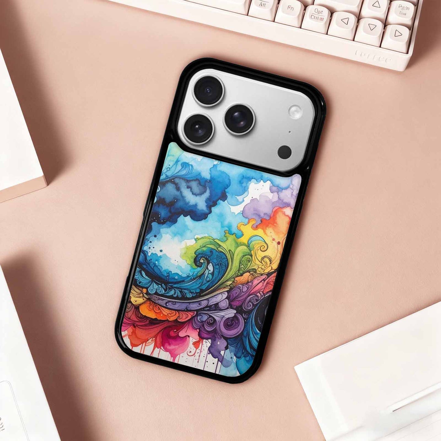 iPhone 17 Pro Case — Tie Dye Swirls Black Blue Tie, Custom Printed Phone Case