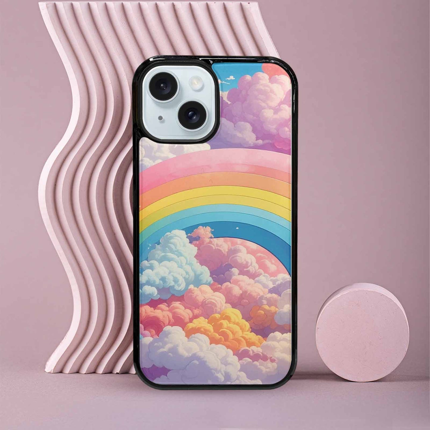 iPhone 15 Case — Cloud And Rainbow Burst Pattern Hundreds, Custom Phone Case