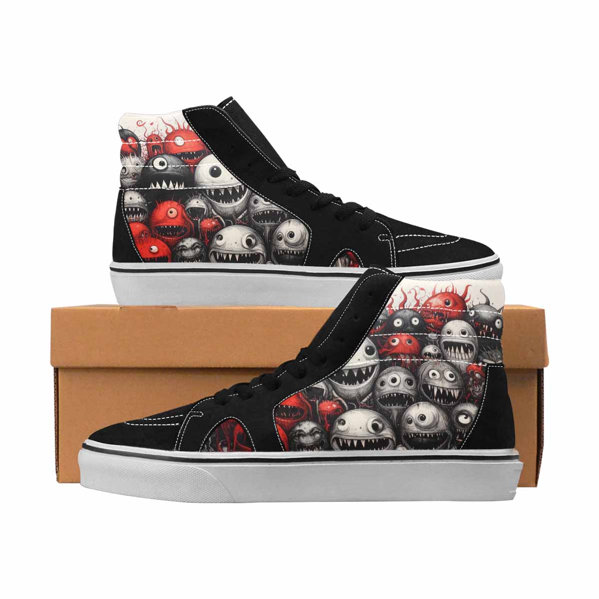 MEN'S Monsters Black & Red Ink High Top Canvas One Of A Kind Melting Art Custom Sneakers
