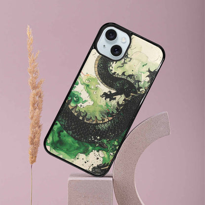 iPhone 15 Plus Case — Dragon Scale Black Green Ink Dragons, Customized Protective Case