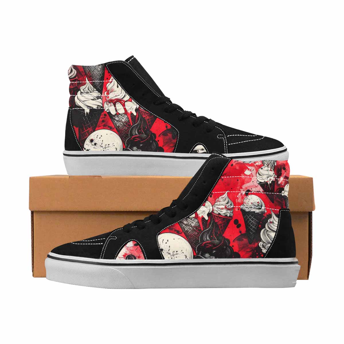 MEN'S Ice Cream Black & Red Ink High Top Canvas Streetwear Neon Fantasy Handmade Custom Shoes