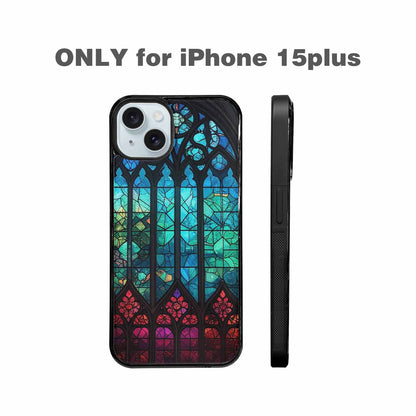 iPhone 15 Plus Case — Stained Glass Window Pattern Seamless Repeat, Customized Protective Case