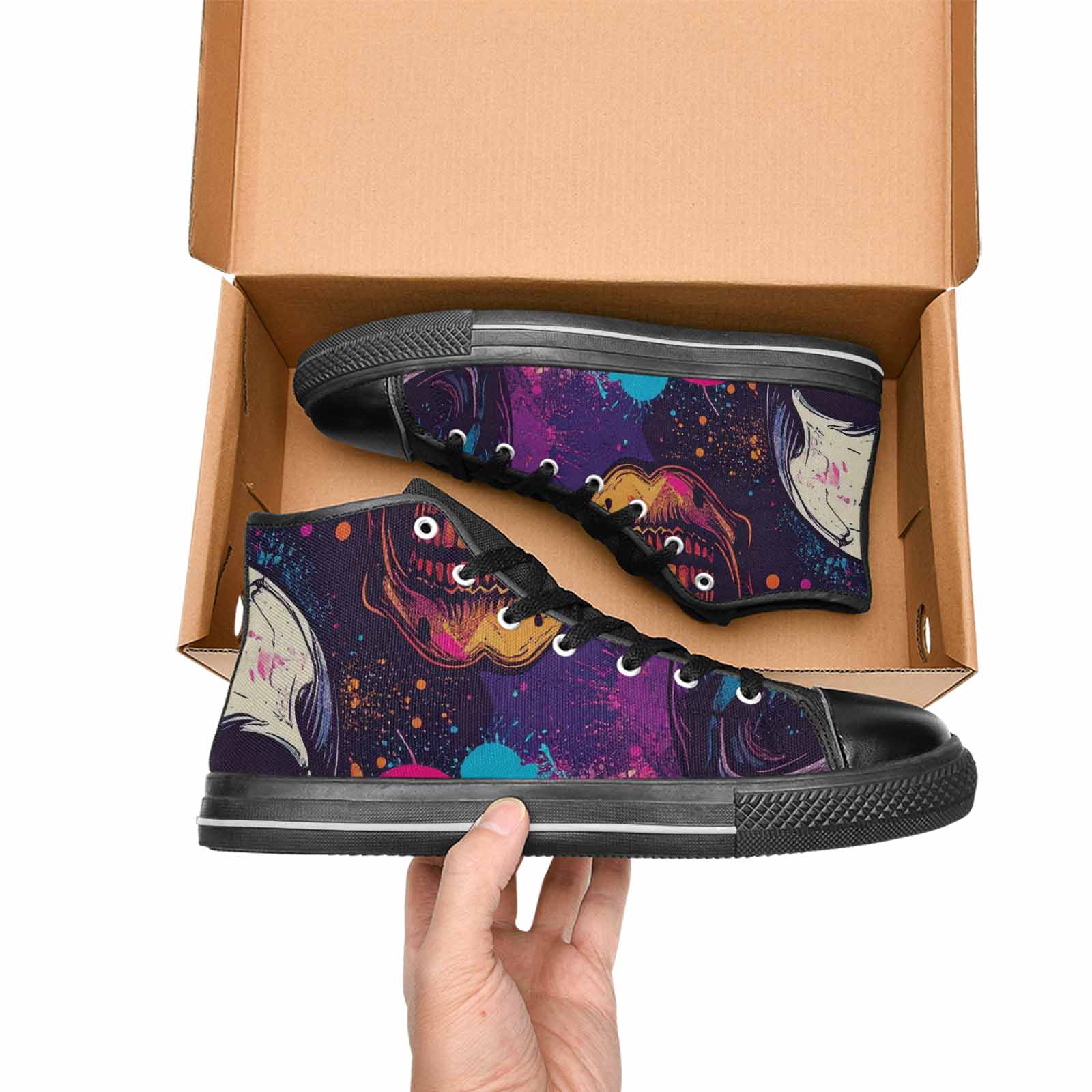 WOMEN'S Skulls Splatter Comic High Top Canvas Neon Fantasy Shoes