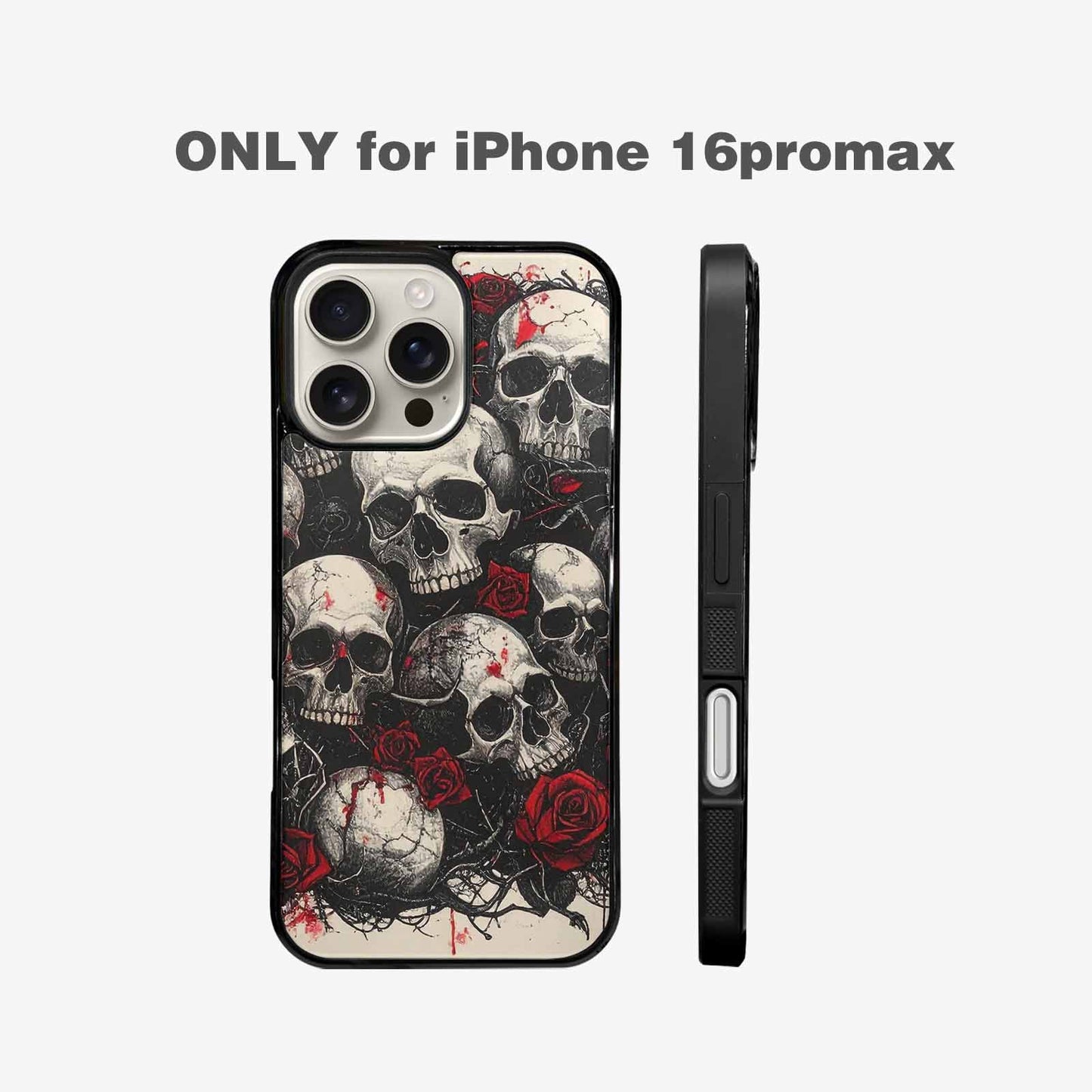iPhone 16 Pro Max Case — Skull And Roses Black Red Ink, Custom Printed Phone Case