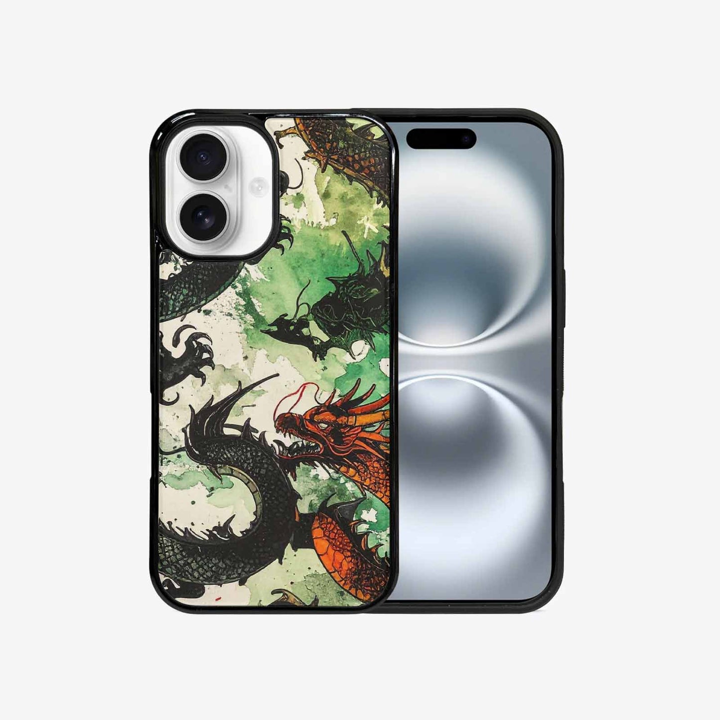iPhone 16 Case — Dragon Scale Black Green Ink Dragons, Custom Made Phone Cover