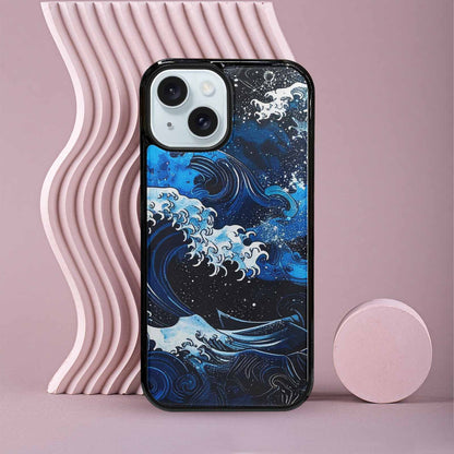 iPhone 15 Case — Nautical Wave Black Blue Ink Wave, Personalized Phone Case