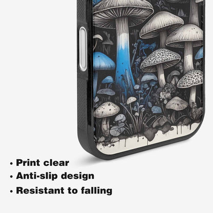 iPhone 16 Case — Mushrooms General Black Blue Ink Mushrooms, Customized Protective Case
