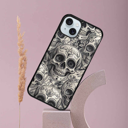iPhone 15 Plus Case — Intricately Detailed Sugar Skulls In Black, Custom Print Case Cover