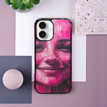 iPhone 16 Case — Melting Moon Smiley Black Pink Ink, Custom Printed Phone Case