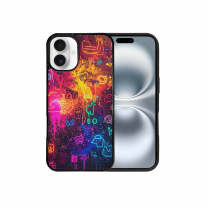 iPhone 16 Plus Case — Neon Glow Outline Icon Pattern Hundreds, Custom Phone Case