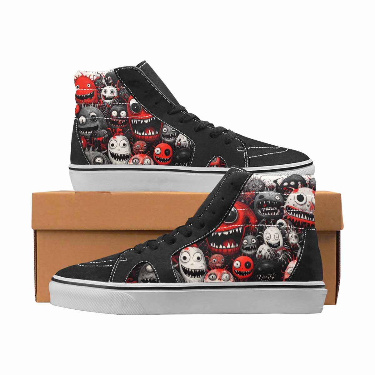 WOMEN'S Monsters Black & Red Ink High Top Canvas Custom Design Grunge Customized Sneakers