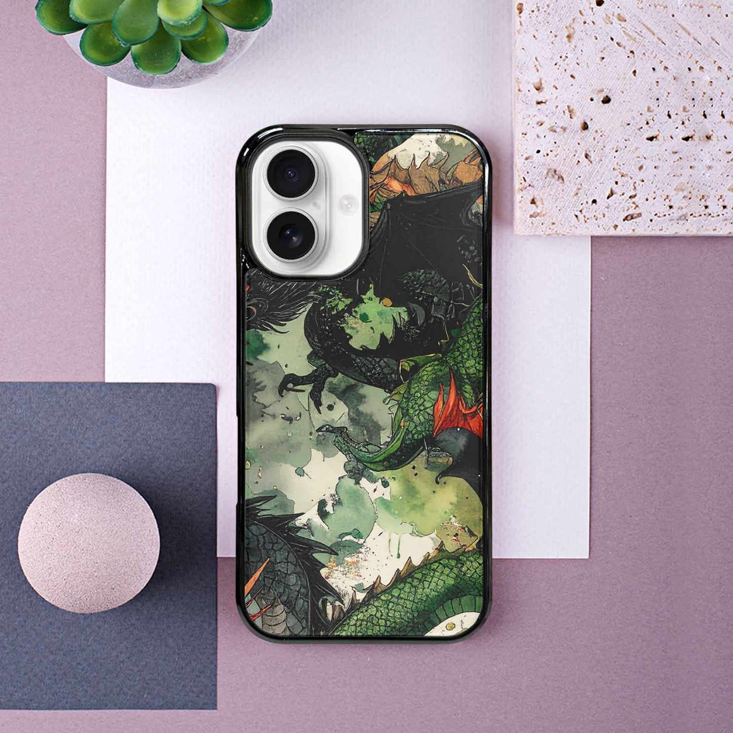 iPhone 16 Case — Dragon Scale Black Green Ink Dragons, Custom Print Case Cover