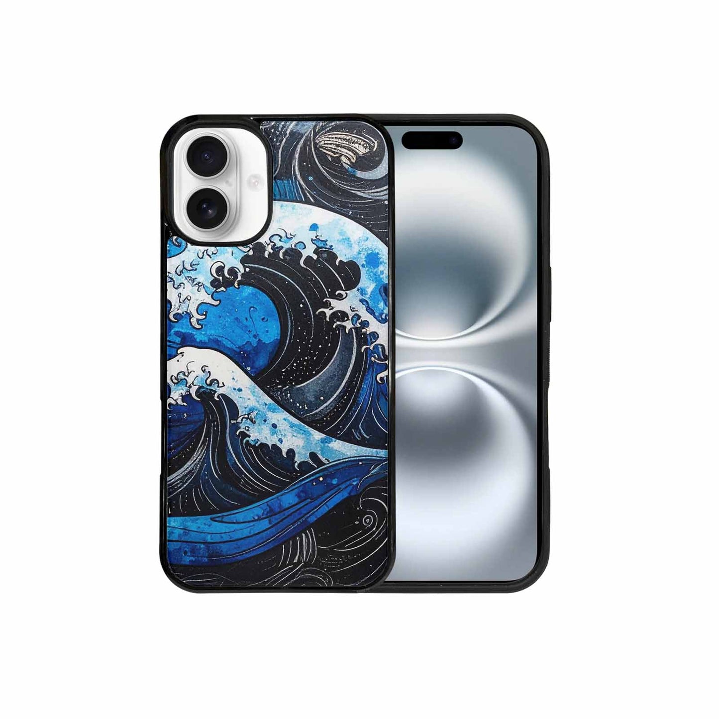 iPhone 16 Plus Case — Nautical Wave Black Blue Ink Wave, Custom Art Phone Cover