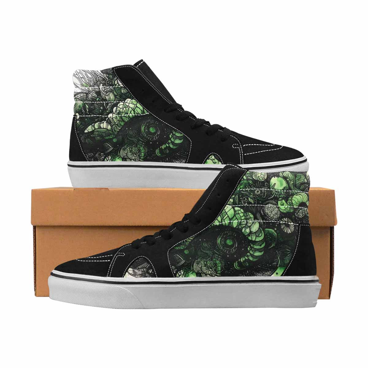 MEN'S Sea Creatures Black & Green Ink High Top Canvas Artist-designed Dark Academia Custom Print Sneakers