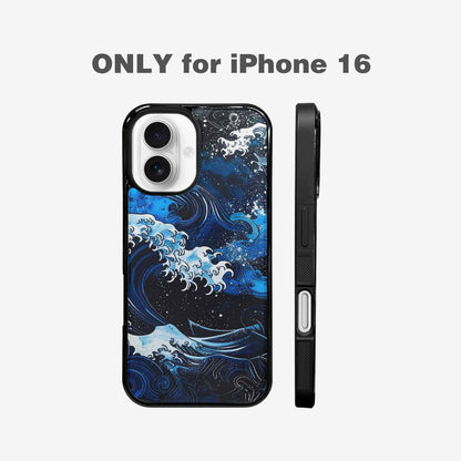 iPhone 16 Case — Nautical Wave Black Blue Ink Wave, Personalized Phone Case