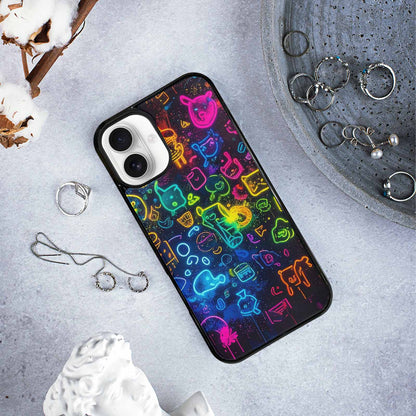 iPhone 16 Plus Case — Neon Glow Outline Icon Pattern Hundreds, Custom Printed Phone Case