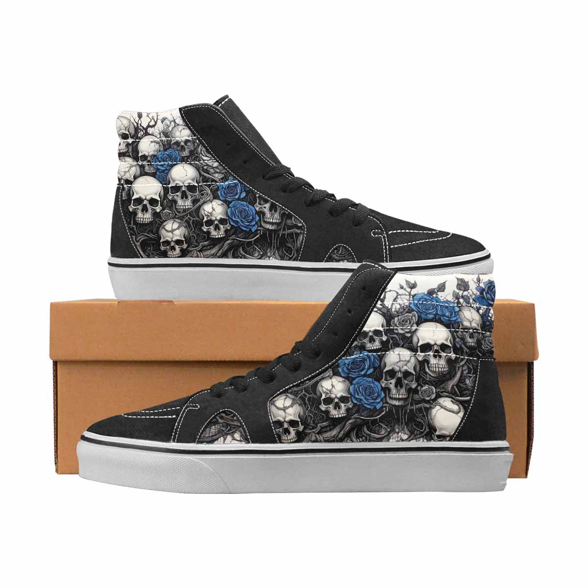 WOMEN'S Skulls Black & Blue Ink High Top Canvas Wearable Art Cottagecore Custom Print Sneakers