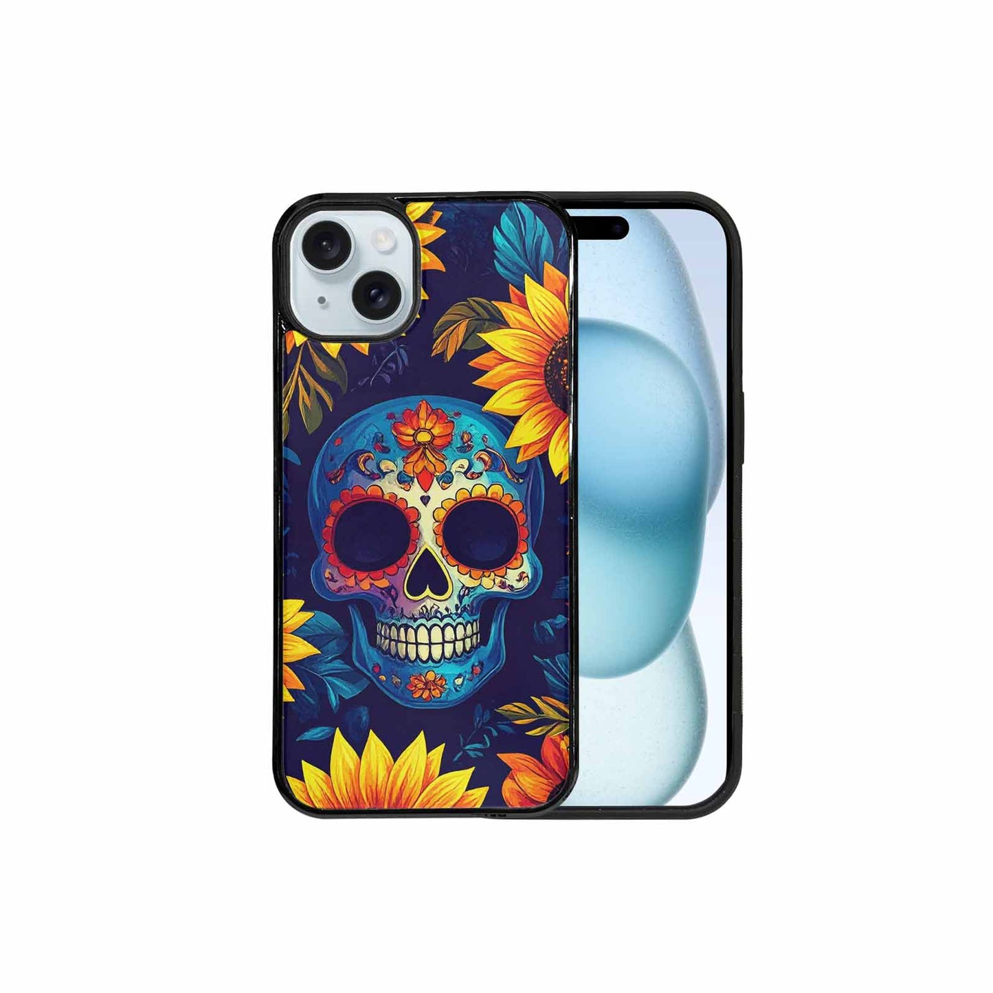 iPhone 15 Plus Case — Sunflower Skulls Print, Original Design Phone Case