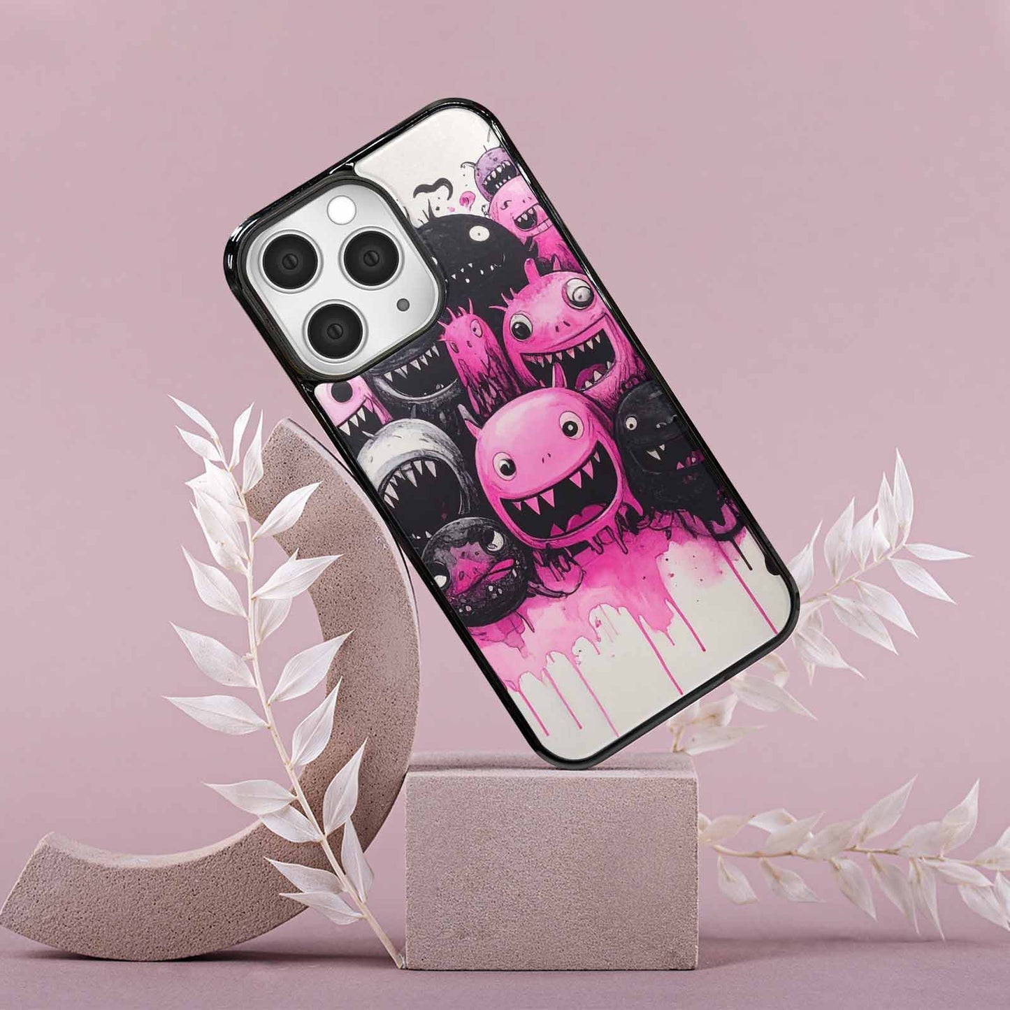 iPhone 15 Pro Max Case — Monsters General Black Pink Ink Cartoon, Custom Printed Phone Case