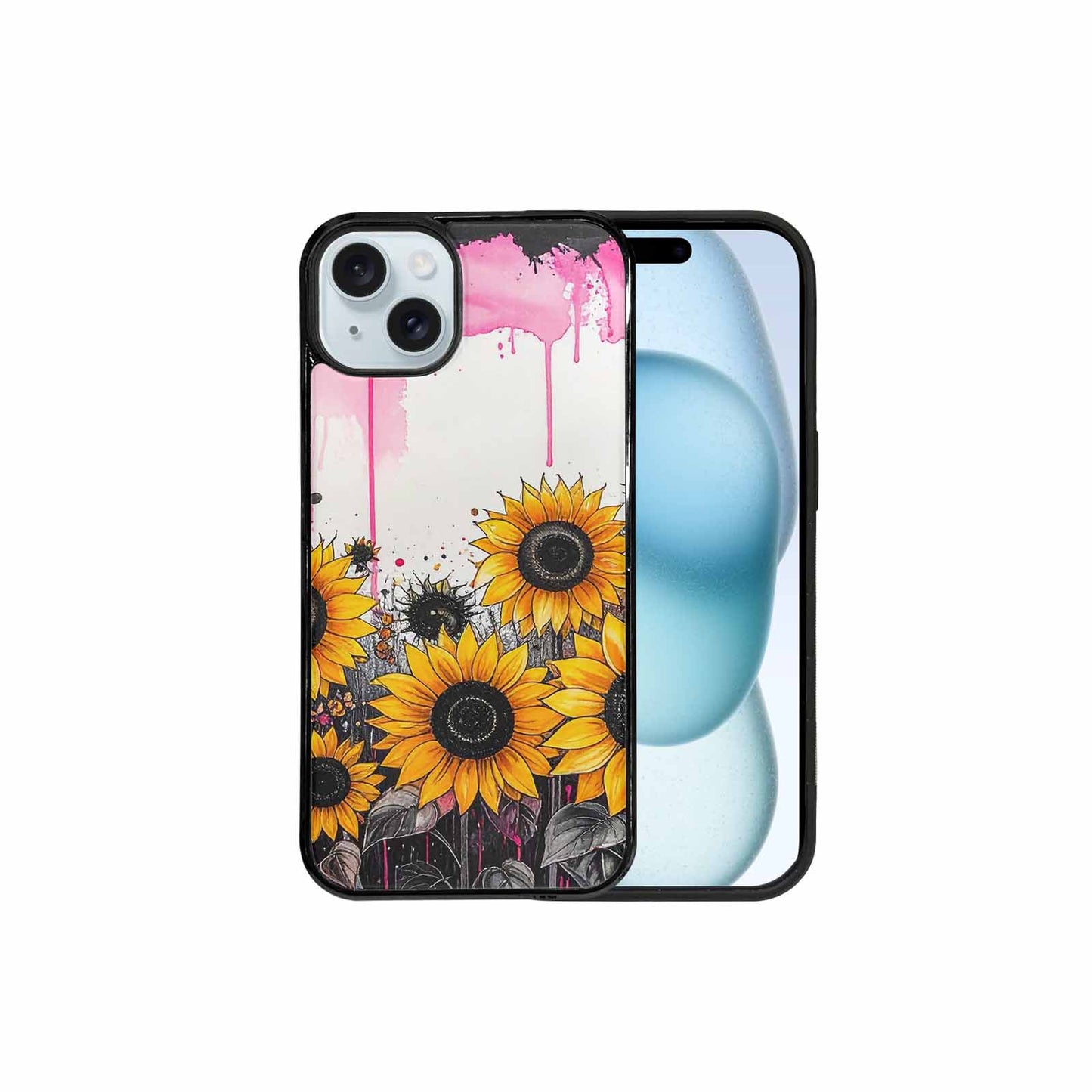 iPhone 15 Plus Case — Sunflower Burst Black Pink Ink Sunflowers, Customized Protective Case