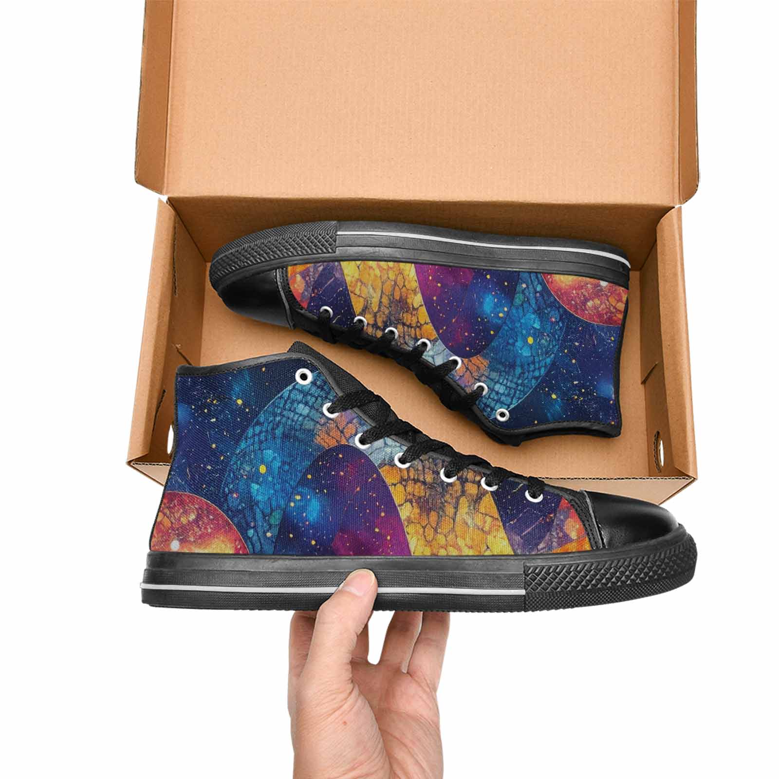 WOMEN'S Galaxy Snake Print High Top Canvas Vibrant Chaos Sneakers