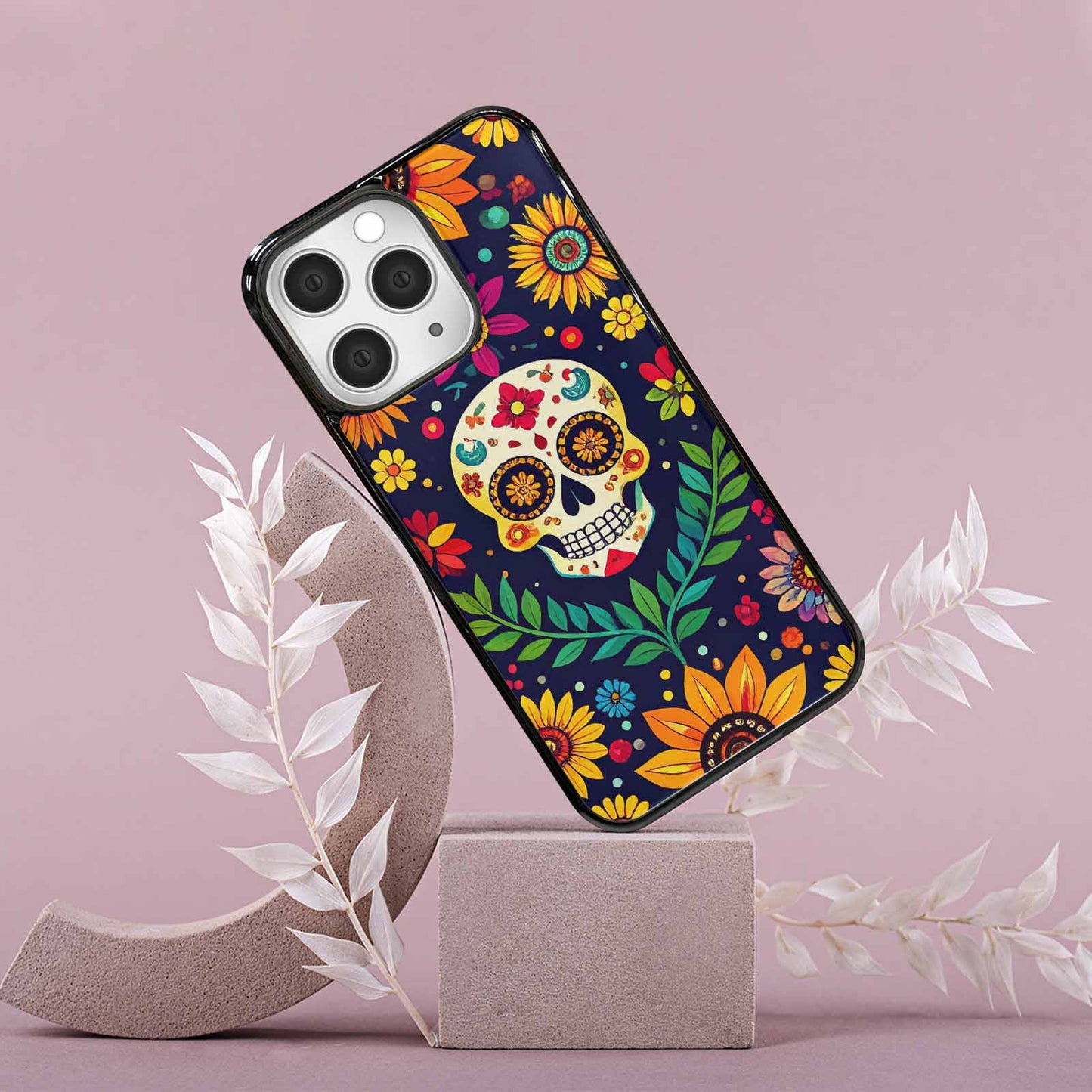 iPhone 15 Pro Max Case — Sunflowers And Skulls, Custom Made Phone Cover