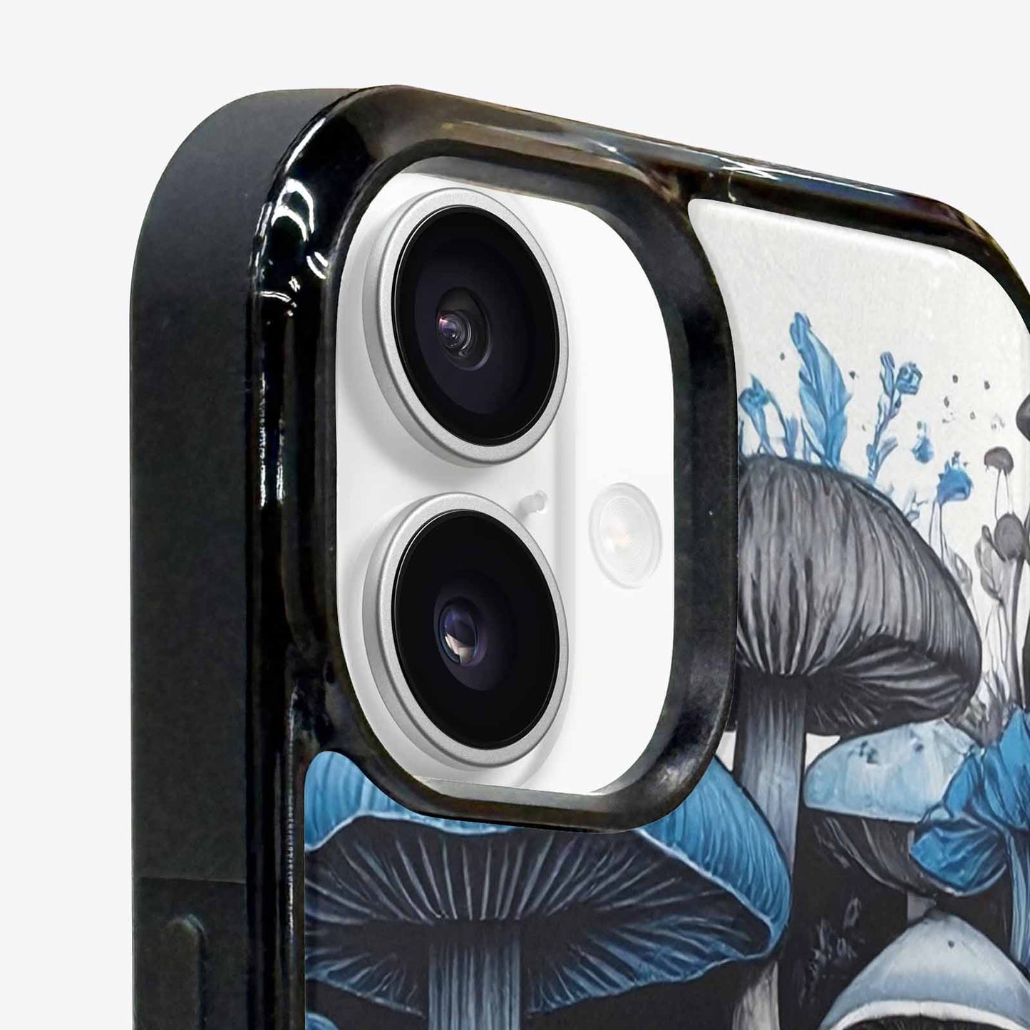 iPhone 16 Plus Case — Mushrooms General Black Blue Ink Mushrooms, Unique Phone Case Design
