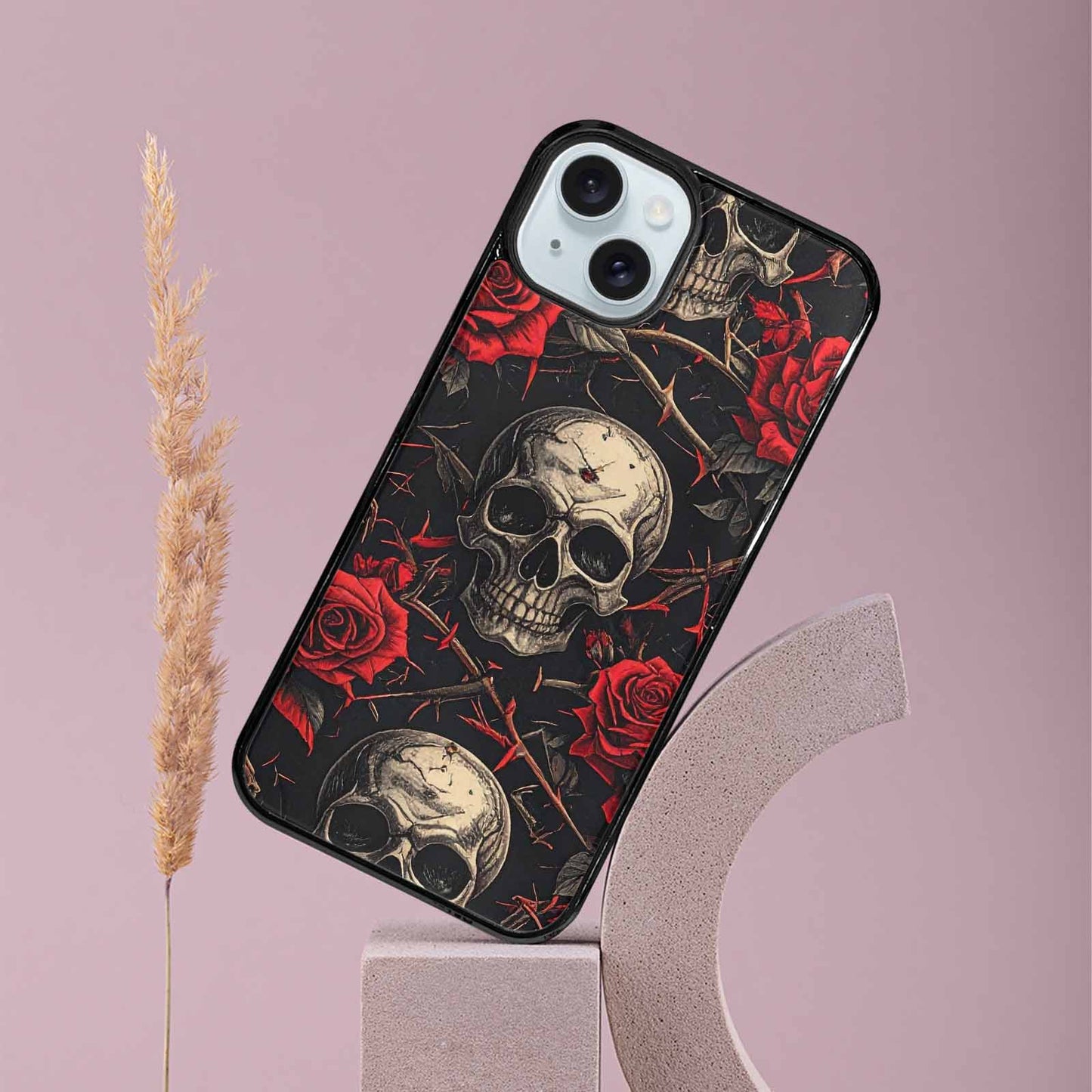 iPhone 15 Plus Case — Gothic Skulls Roses, Custom Art Phone Cover