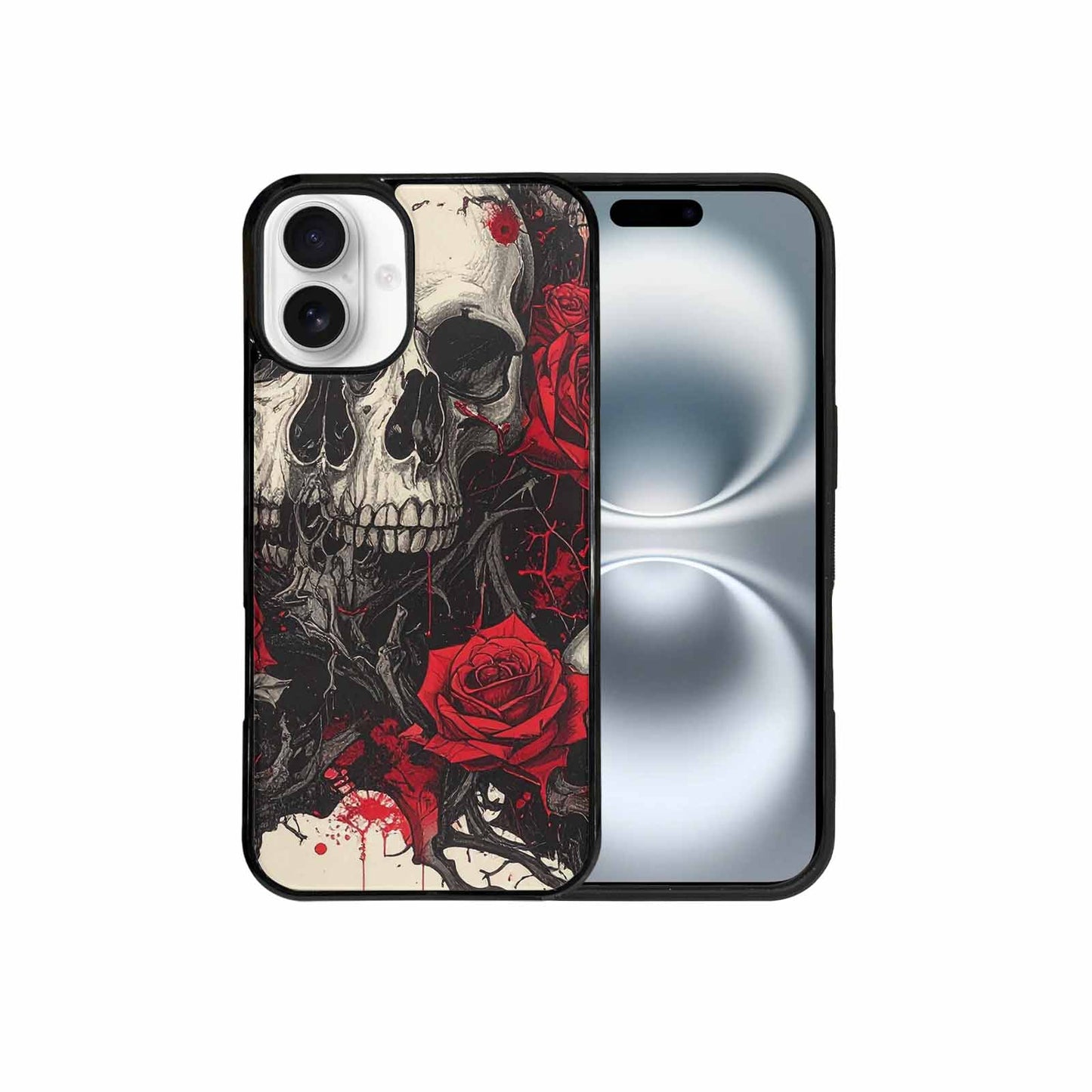 iPhone 16 Plus Case — Skull And Roses Black Red Ink, Custom Print Case Cover