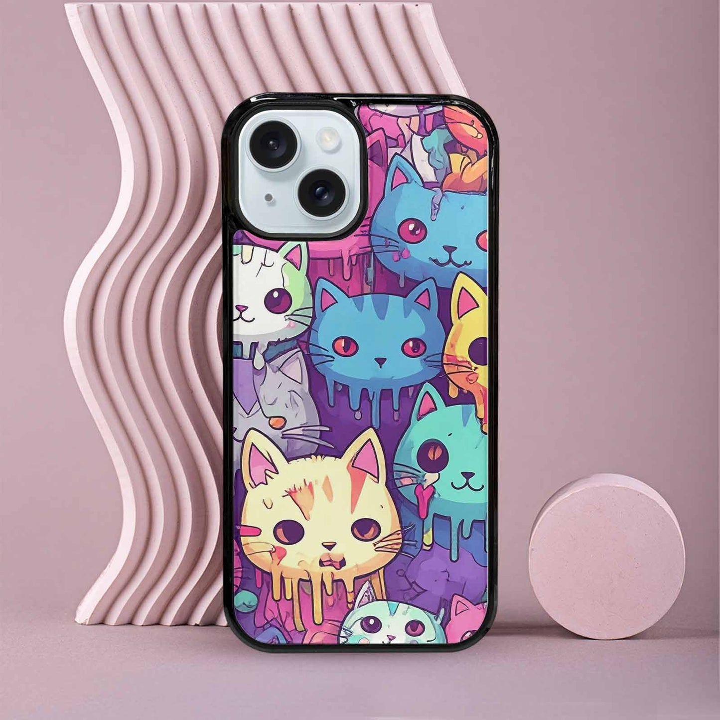 iPhone 15 Case — Pastel Gore Cat Character Pattern Hundreds, Personalized Phone Case