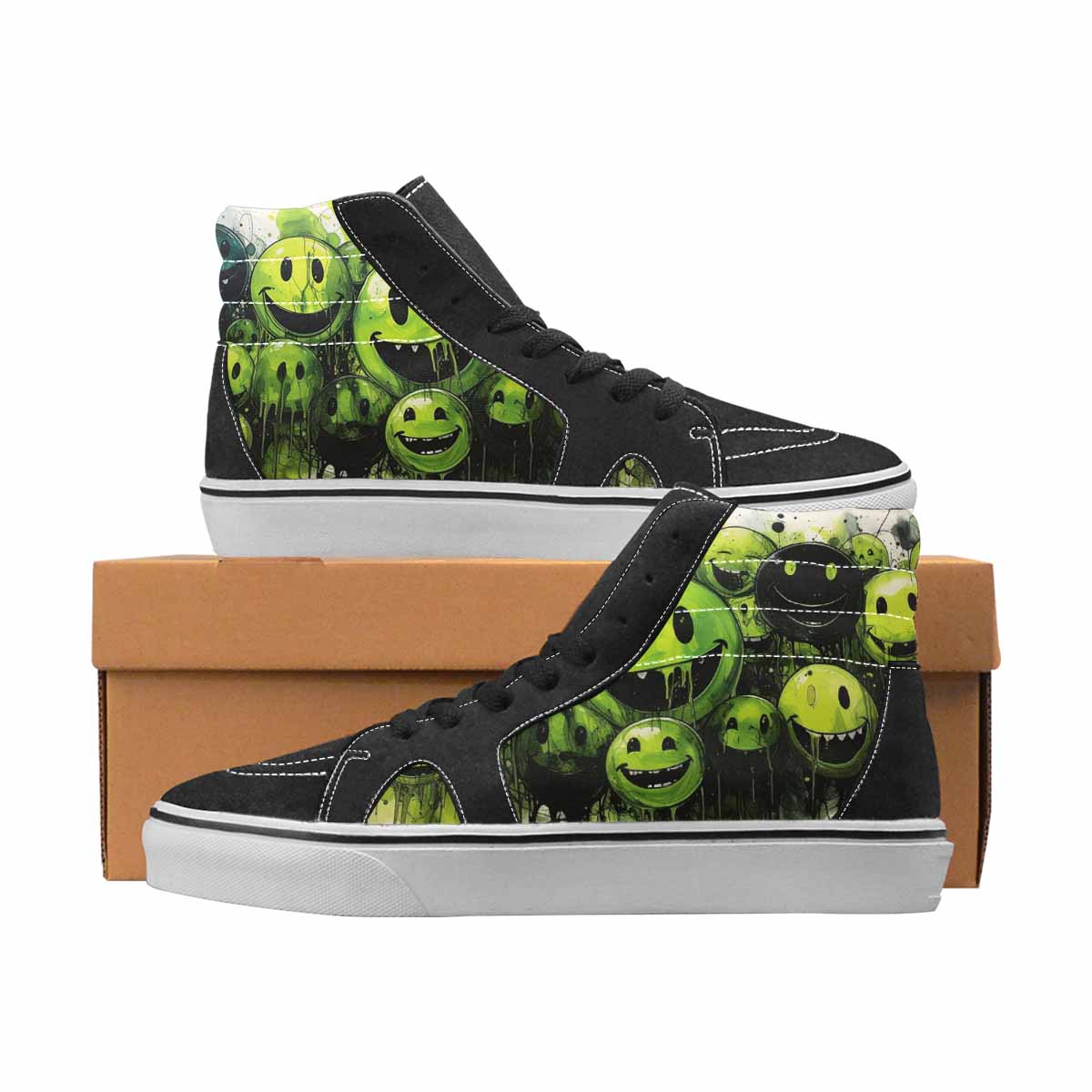 WOMEN'S Smiley Face Black & Green Ink High Top Canvas Streetwear Cottagecore Shoes