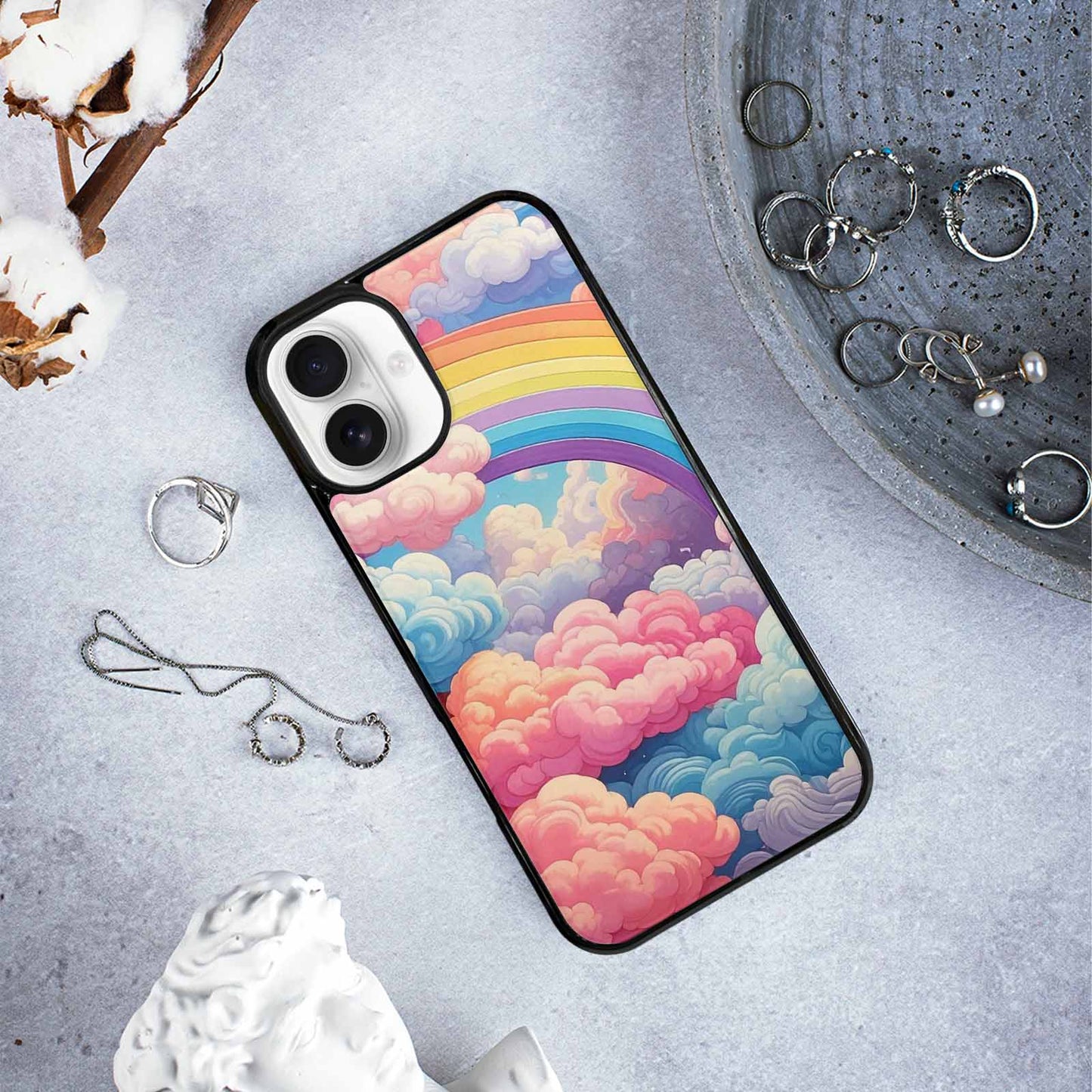 iPhone 16 Plus Case — Cloud And Rainbow Burst Pattern Hundreds, Custom Phone Case