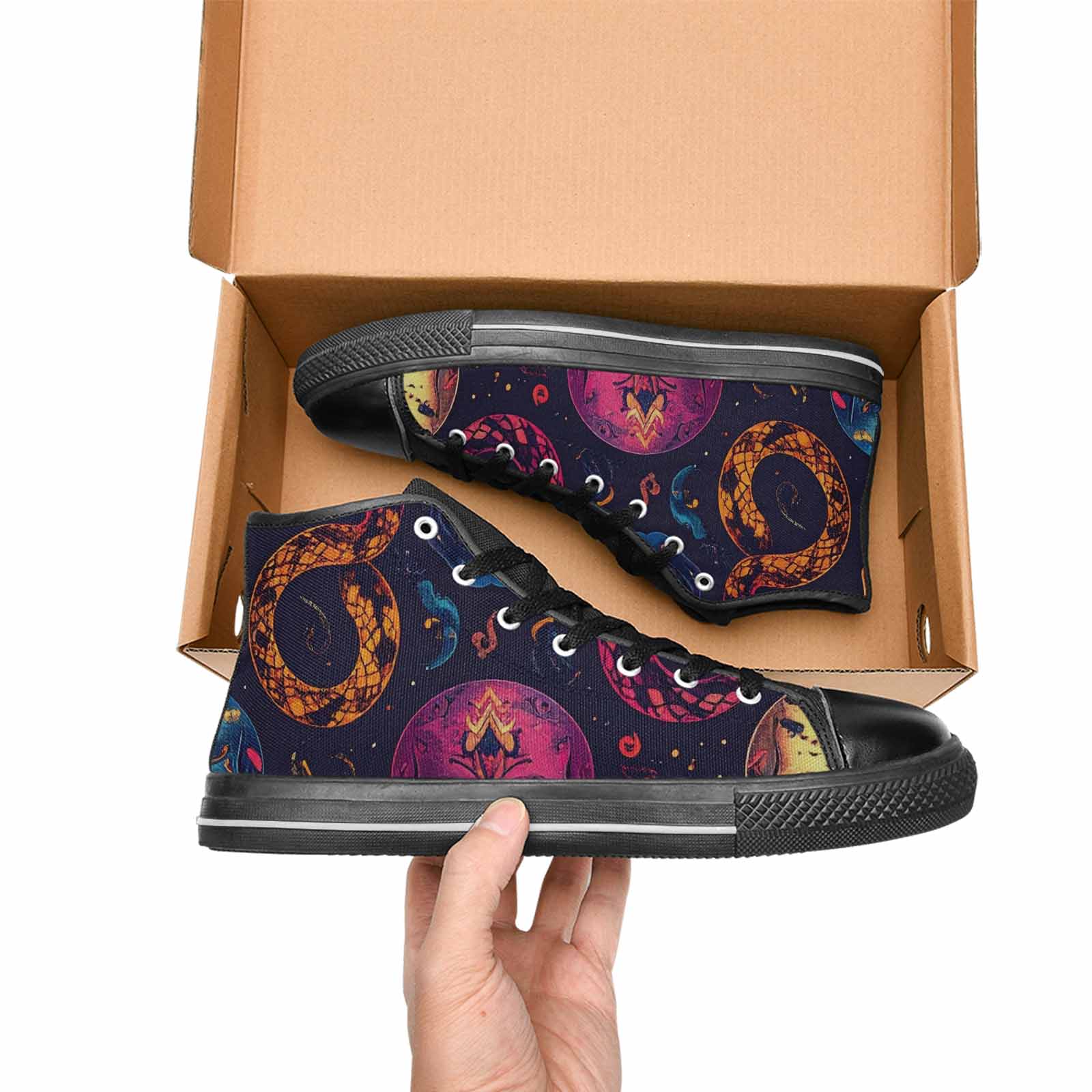 WOMEN'S Snake Skulls Print High Top Canvas Neon Fantasy Custom Shoes