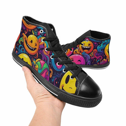 MEN'S Yellow Smiley Face High Top Canvas Grunge Sneakers