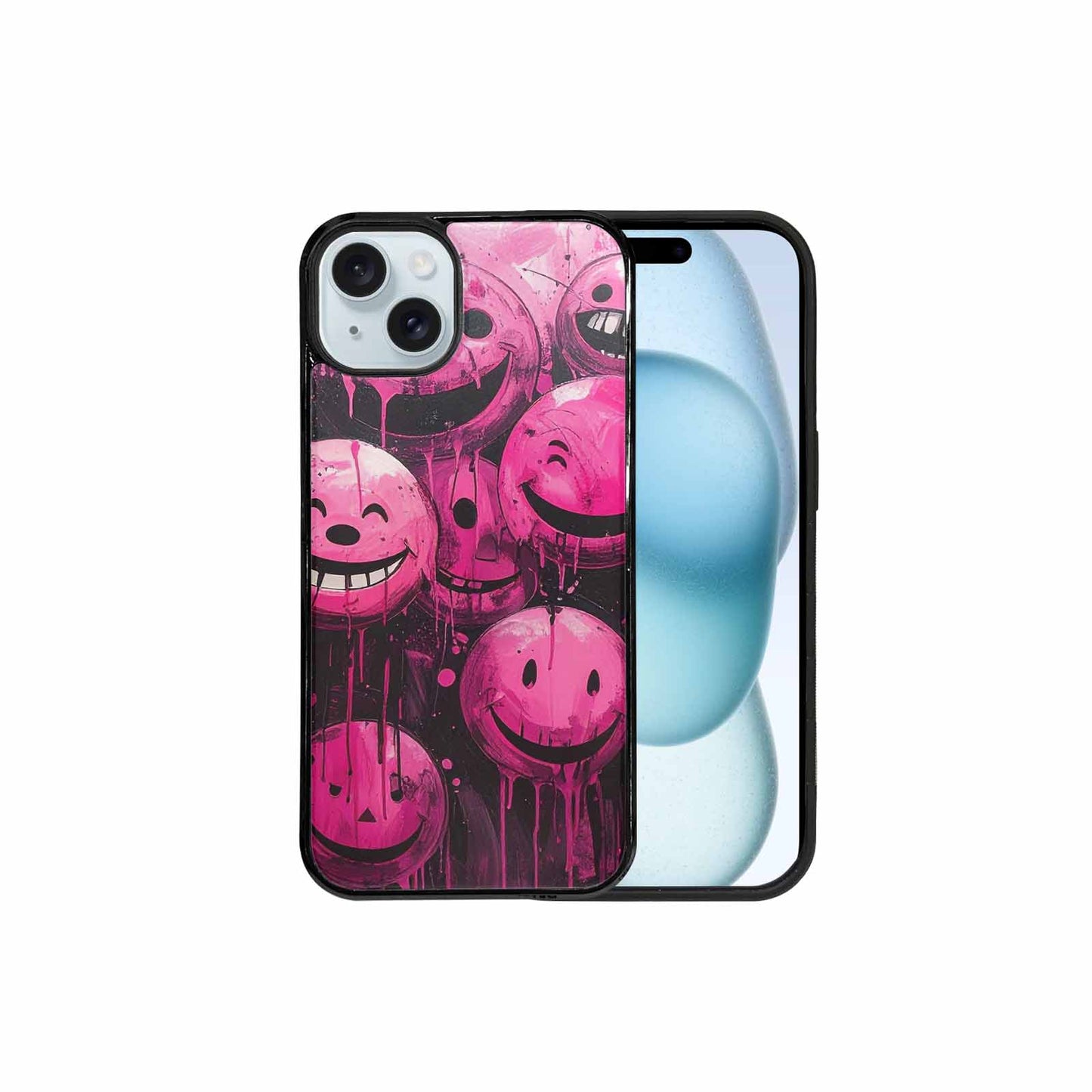 iPhone 15 Plus Case — Melting Moon Smiley Black Pink Ink, Custom Print Case Cover