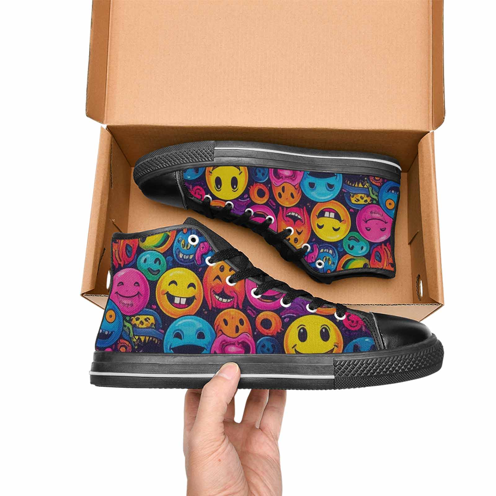 MEN'S Yellow Smiley Face High Top Canvas Grunge Sneakers
